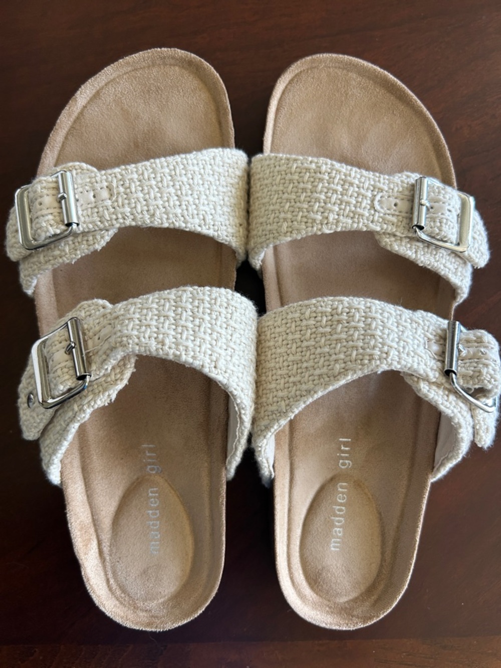 Madden Girl Cream Woven Double-Buckle Slide Sandals